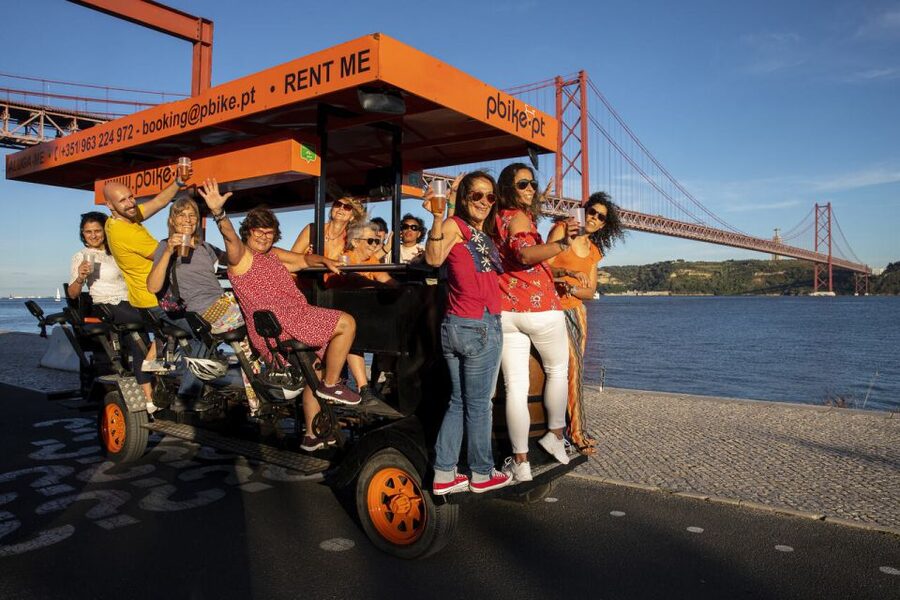 Lisbon: Fun Beer Bike by the Seafront - Passing Under the 25 de Abril Bridge, Then Stopping for Photos